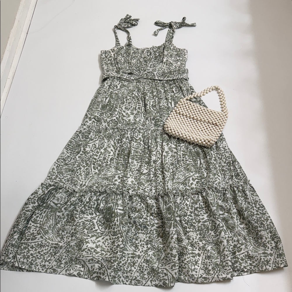 Trixxi Cottagecore Midi Green Floral Faux Tie Strap Tiered Dress Size M